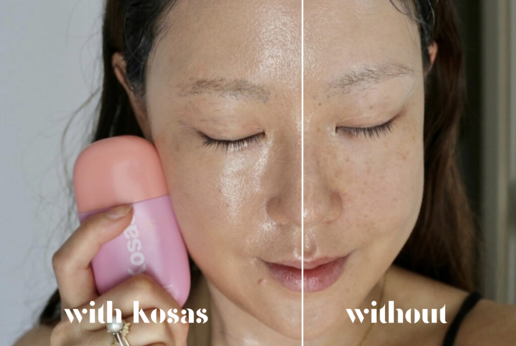 Kosas DreamBeam Tinted mineral sunscreen before and after