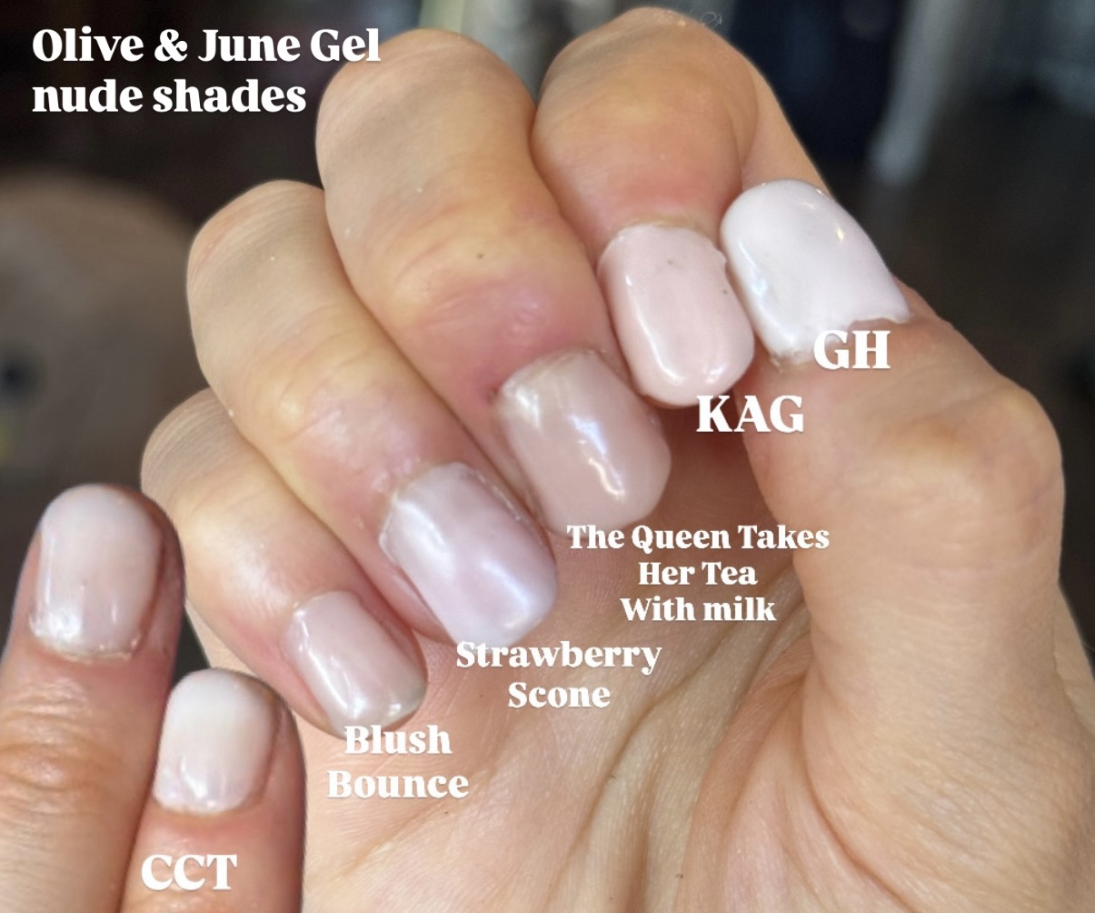 olive and June gel nail polish shades Blush Bounce, Strawberry scone, The Queen Takes Her Tea With Milk, Kag GH and CCT