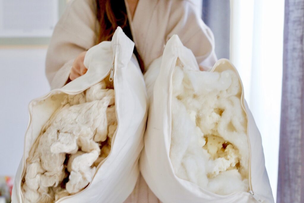 organic pillow Soaring Heart Natural Kapok Pillow (left) and Shredded Latex & Wool Pillow (right)