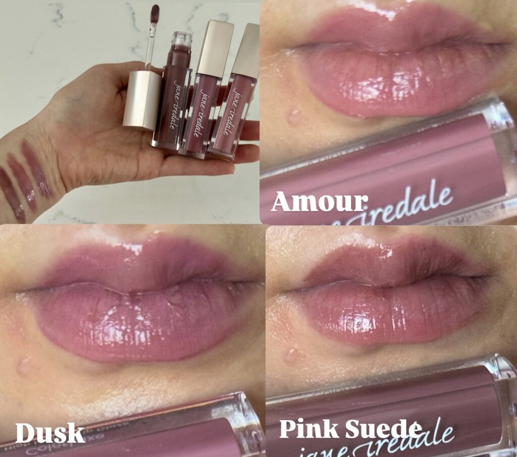 natural lip gloss Try on swatches of Jane Iredale ColorLuxe Lip Glaze in Amour, Dusk and Pink Suede