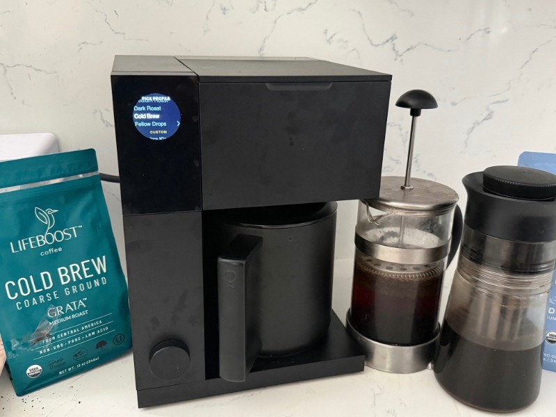 Ways to make cold brew coffee (left to right): Slow Drip method with Fellow Aiden Coffee Maker, French Press method and Immersion method