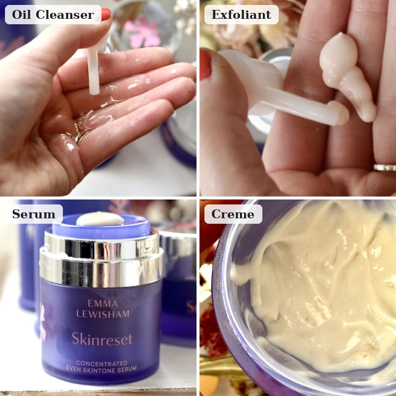 emma lewisham skincare swatches moisturizer serum oil cleanser exfoliant