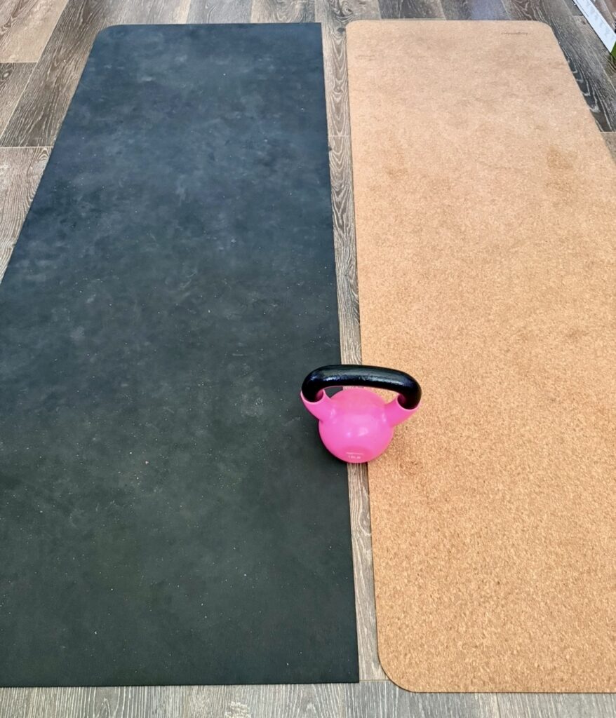 Lululemon The Mat (left) and natural rubber and cork yoga mat (right)