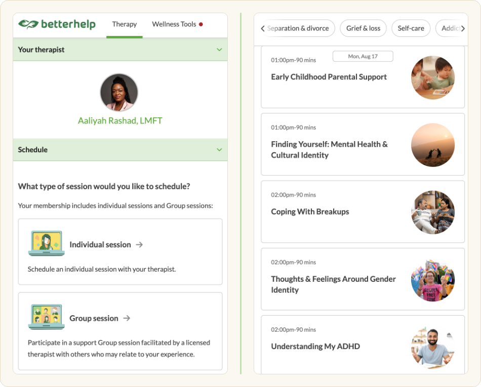Crowdhealth betterhelp Aaliyah Rashad group therapy parenthood, LGBTQ, BIPOC, relationships, grief, Christianity, loneliness, fertility, aging, communication, divorce, caregiver, self help improvement