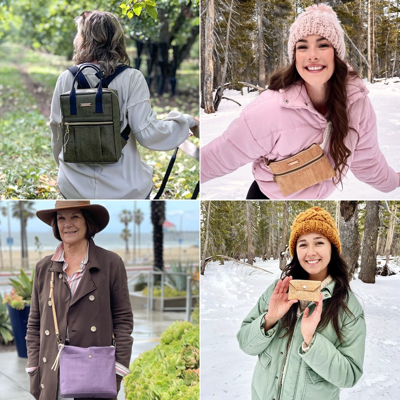 cork leather handbag brand women owned Portland oregon non toxic wallet plastic free backpack vegan cross body slow fashion sustainable ethical