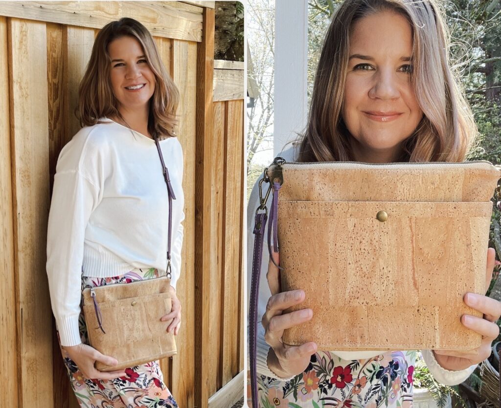 plastic free purse handbag women non toxic organic cross body carry courage founder Marisa hilarides Portland oregon