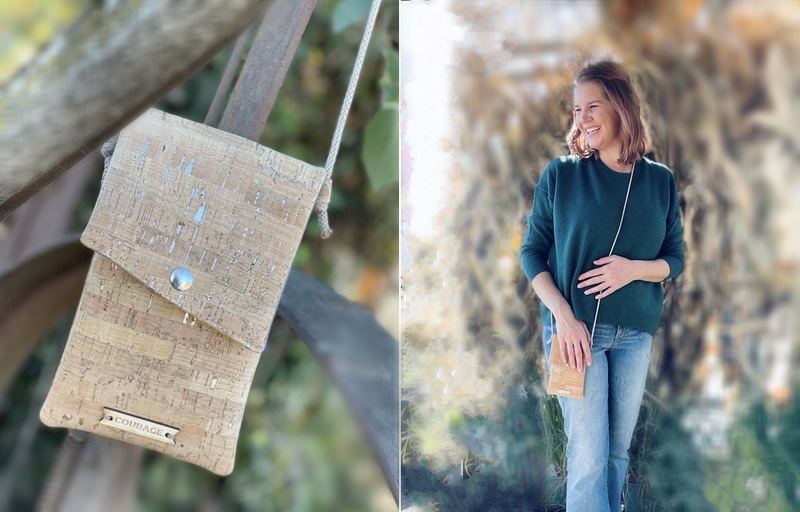 plastic free bag non toxic crossbody cork leather handbag brand women owned Portland oregon carry courage founder Marisa hilarides