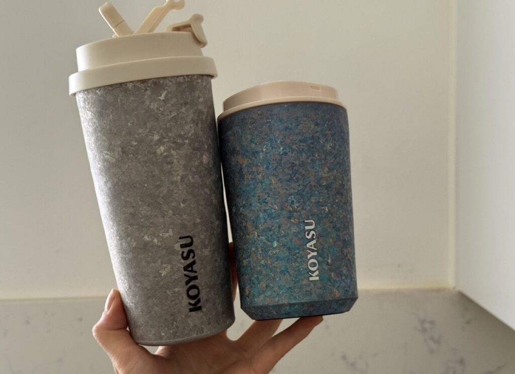 tumbler coffee water travel titanium non toxic koyasu Ti-Zero 16oz travel tumbler (left) and Ti-Zen 12oz coffee mug (right)