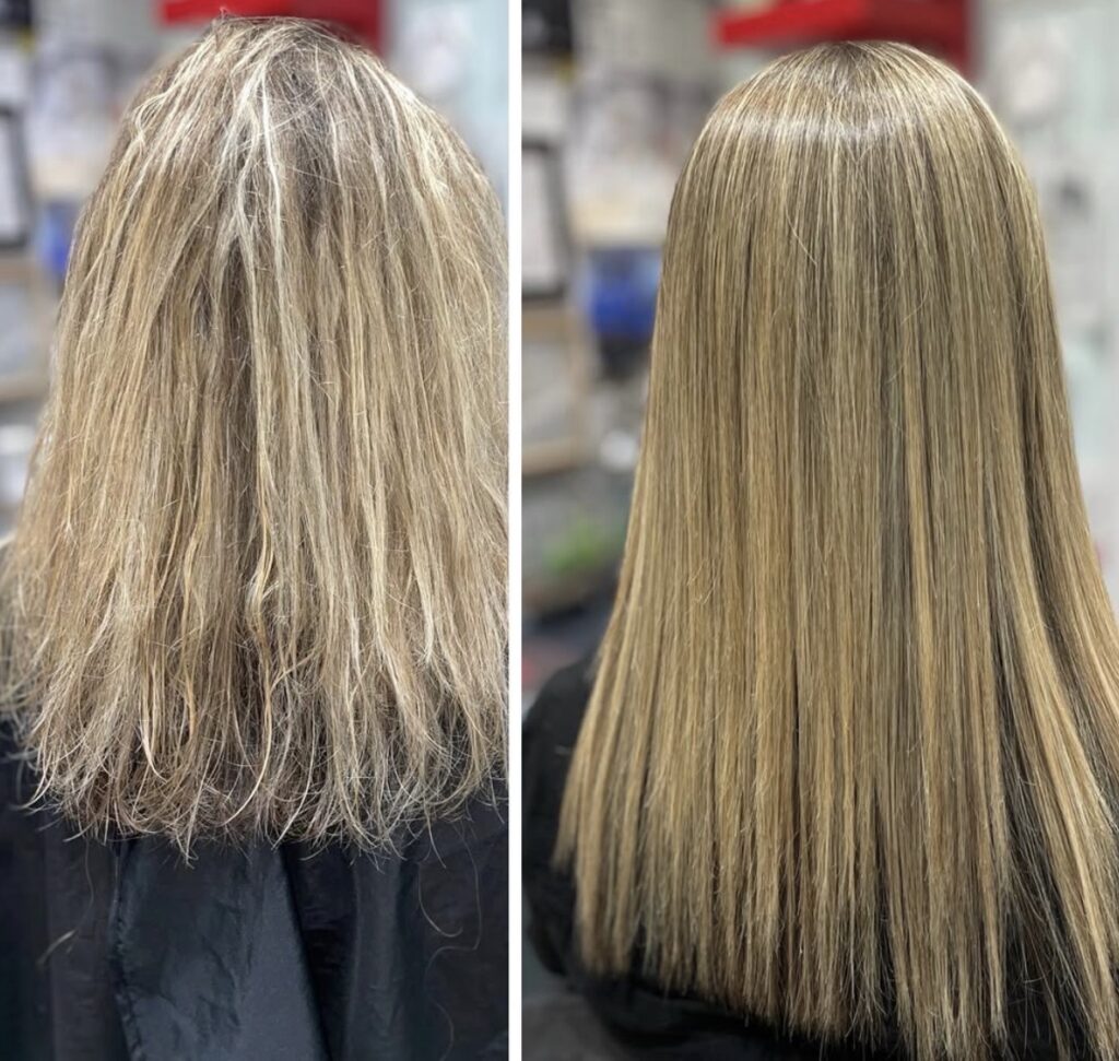 non-toxic hair salon blonde Before & After formaldehyde-free keratin treatment natural highlights