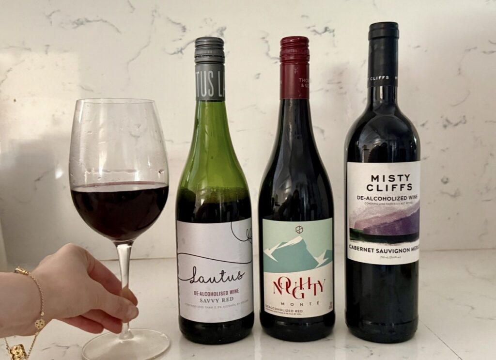 nonalcoholic red wine organic Misty Cliffs Cabernet Sauvignon, Lautus Savvy Red and Noughty Monte
